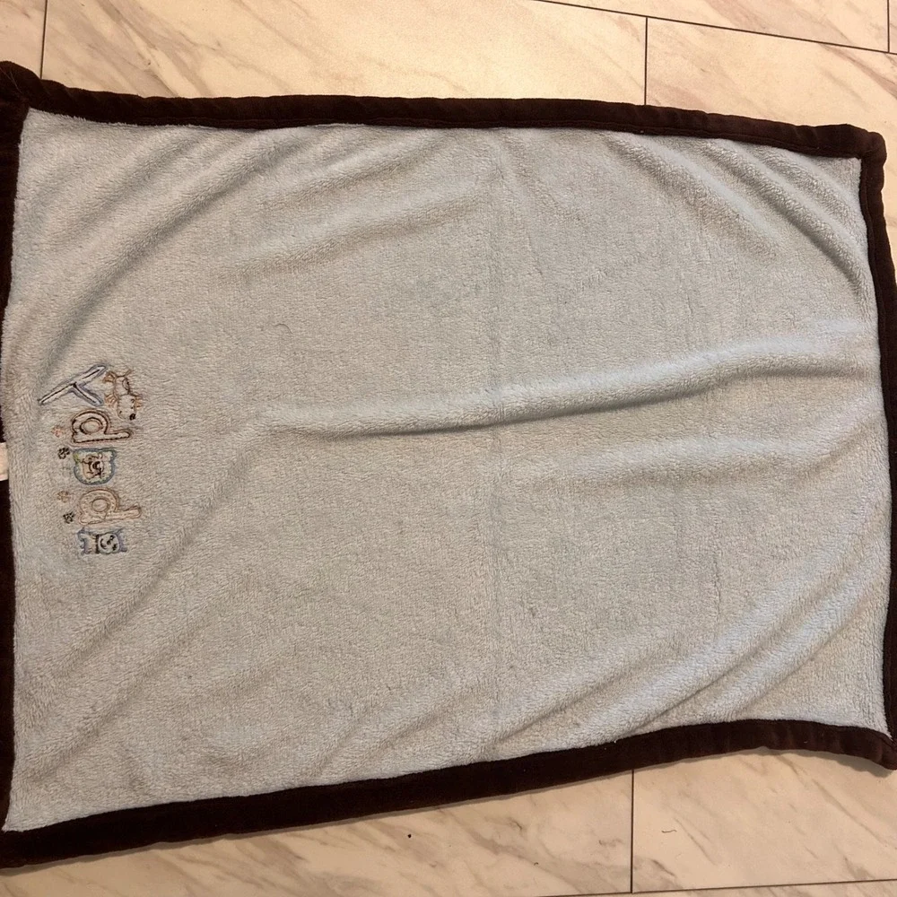 Carters Baby Blanket Light Blue Brown Puppy Dog Embroidered Fleece 30x39 Nursery